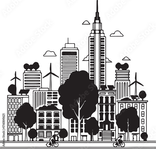  Sustainable City Silhouette – Eco Urban Skyline with Trees, Wind Turbines, and Cyclists