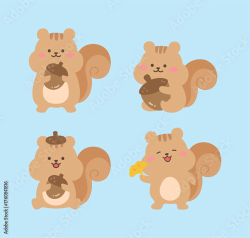 A set of adorable, cute squirrel illustrations holding acorns and ginkgo leaves. Perfect for autumn, forest-themed designs, and ideal for children's books, greeting cards, and educational projects.