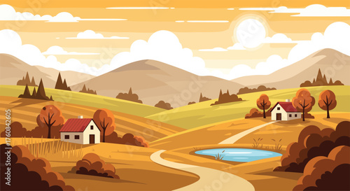 A peaceful countryside landscape with rolling hills and autumn foliage bathed in warm sunlight.