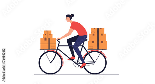 A person rides a bicycle carrying many boxes on a white background.