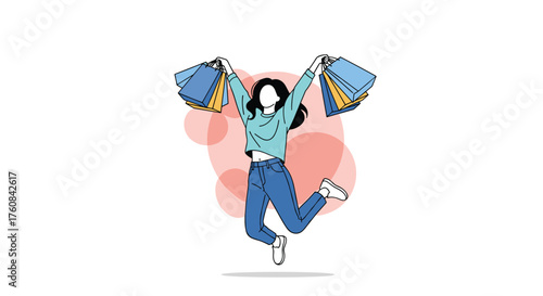 A happy woman with shopping bags jumping in the air with excitement.