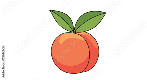 Juicy ripe peach with two green leaves on a white background illustration.