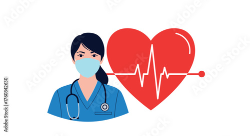 Healthcare professional wearing a face mask and stethoscope next to a large red heart with a heartbeat line representing life and health.