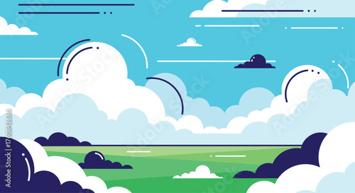 A pixel art landscape depicts a bright blue sky filled with fluffy white clouds and scattered dark purple cloud formations over a vibrant green field.