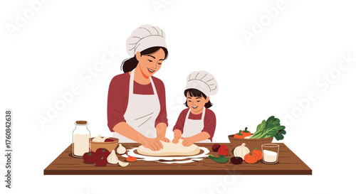 Mother and daughter making pizza together in the kitchen learning new skills.