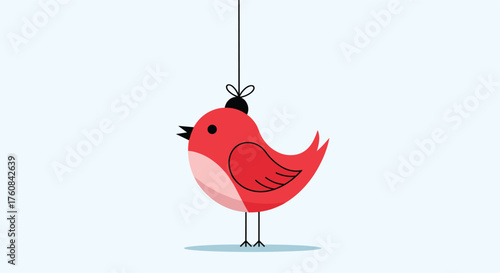 A charming red bird wearing a small black hat stands on one leg against a light blue background.