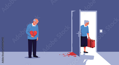 An elderly man holds a broken heart as an elderly woman leaves with a suitcase and spills blood on the floor.
