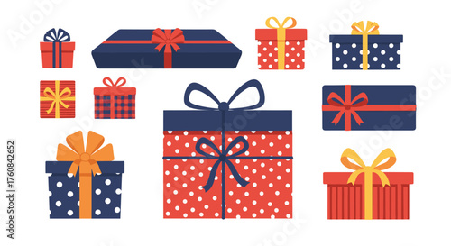 A collection of decorated gift boxes in various sizes and colors for celebrations.