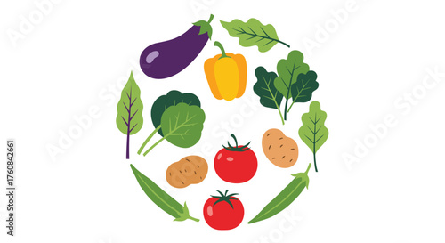 A colorful assortment of fresh vegetables arranged in a circular pattern on a white background.