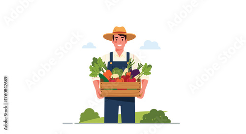 A happy farmer holding a wooden crate full of fresh farm vegetables and fruits.