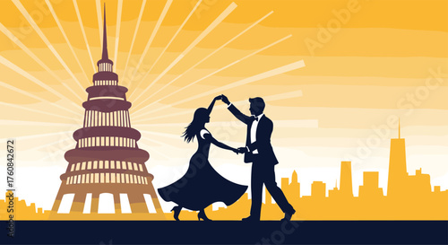 A romantic couple dancing in front of a cityscape at sunset.