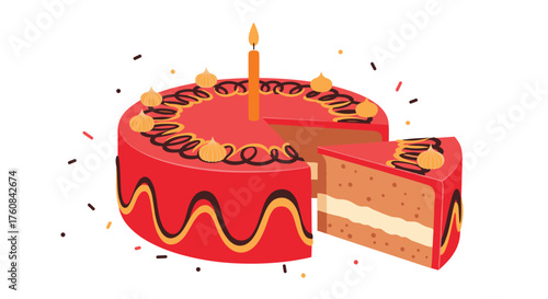 A delicious red birthday cake with a lit candle and a slice cut out on a white background with confetti.