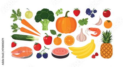 A vibrant collection of fresh fruits vegetables and seafood items arranged in a delightful pattern.