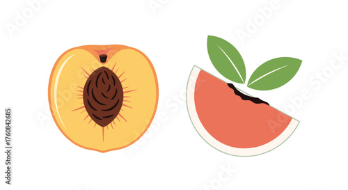 A delicious peach cut in half next to a slice of watermelon with leaves.