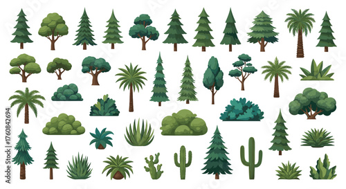 A diverse collection of pixel art trees and plants for digital art and game design.