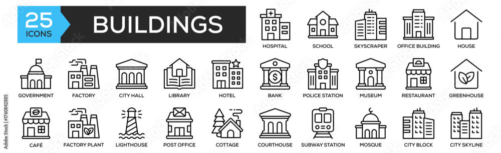 Fototapeta premium Buildings icon collection set. Containing design Hospital, School, Skyscraper, Office Building, House