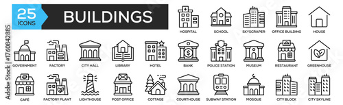 Buildings icon collection set. Containing design Hospital, School, Skyscraper, Office Building, House