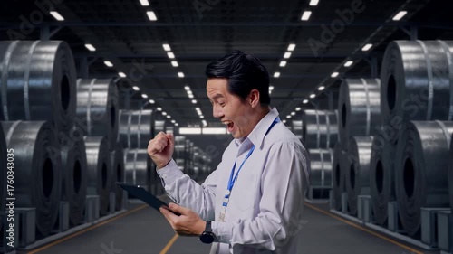 Wallpaper Mural Side View Of An Asian Male Professional Worker Standing With His Tablet with Stacks of Huge Metal Steel Coils in Warehouse, He Raises His Fist Up With Screaming Goal After Check On The Tablet Torontodigital.ca