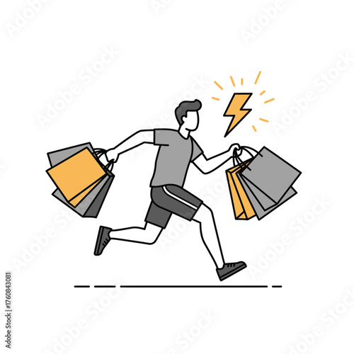 Man running fast with shopping bags feeling excited about deals.