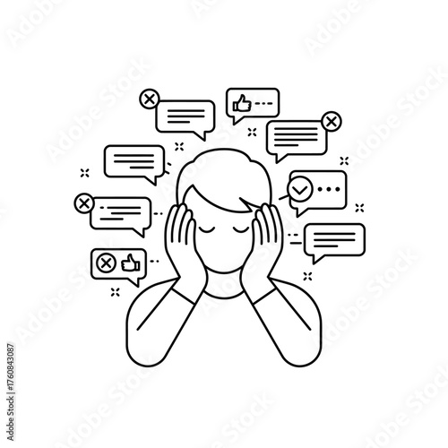 Overwhelmed Person Surrounded by Social Media Notifications and Opinions.