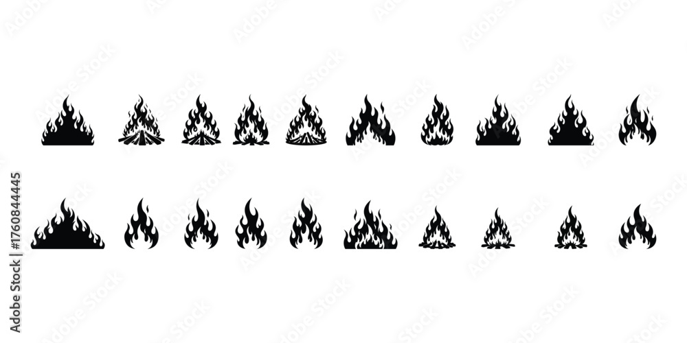 Fototapeta premium Collection of Black Fire and Flame Icons in Various Shapes and Styles on White Background