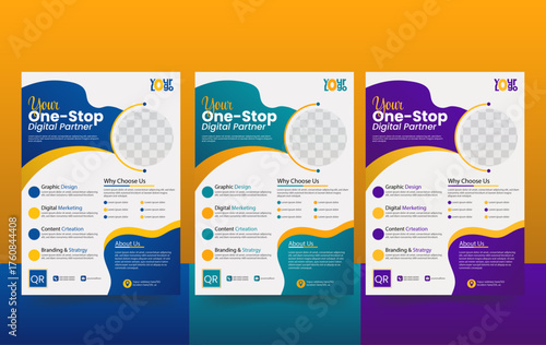 Set of  modern flyer design template with 3 colors variations in white background. Space for photo with vertical layout use A4 size. 