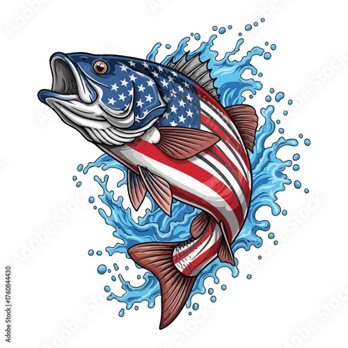 American flag striped bass fish jumping water splash patriotic fishing