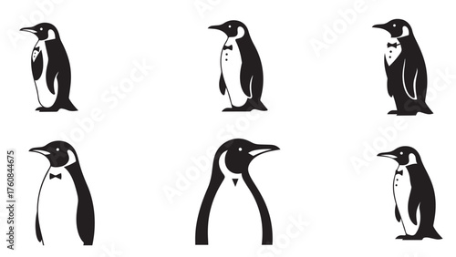 Penguin silhouette with tux chest negative space and beak wedge, clean black winter bird icon for christmas, kids crafts, and arctic themes