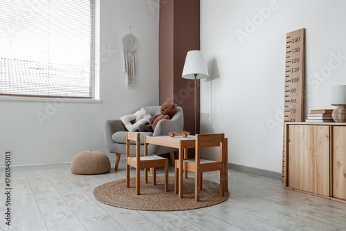 Armchair, table, chairs and...