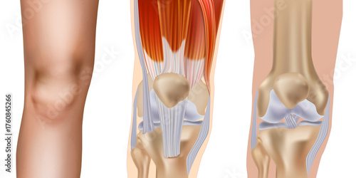 Three Views of Human Knee Joint Anatomy with Muscles and Ligaments. Medical Diagram of Human Knee Bones, Tendons, and Ligaments
