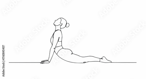 Single line drawing of a woman in cobra yoga pose with her head tilted upwards on a white background