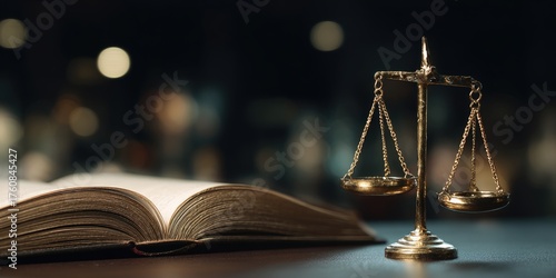A balanced scale of justice in front of a law book, representing the delicate balance between legal authority and ethical judgment.