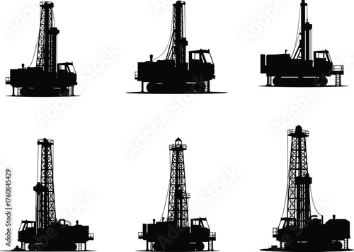 Drilling rig silhouette set, construction machinery, mining equipment, oil exploration machines, industrial tools, flat vector illustration