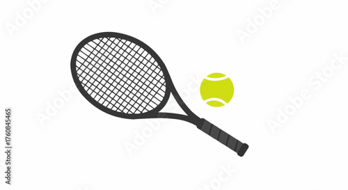 Illustration of a tennis racket with black strings and a yellow tennis ball on a white background