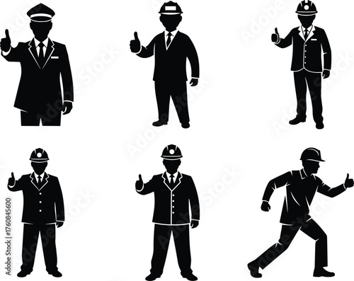 Professional silhouettes giving thumbs up, pilot, business suit, construction workers, positive gesture, teamwork approval, flat vector