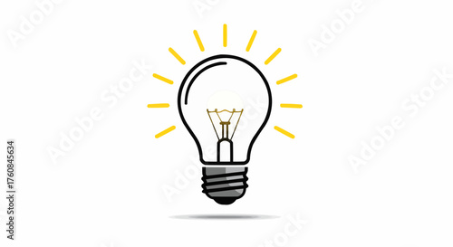 Illustration of a lightbulb with glowing rays emanating from it on a white background design element