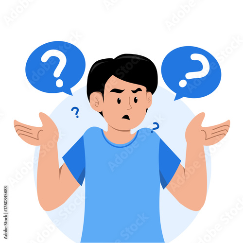 Character in a state of confusion with question marks. Ideal for illustrating uncertainty, decisionmaking, query concepts in design projects.