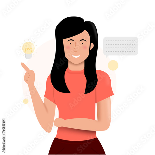 Illuminating ideas with a woman pointing to a speech bubble by a lightbulb. Suitable for brainstorming, innovation, creativity concepts in marketing.