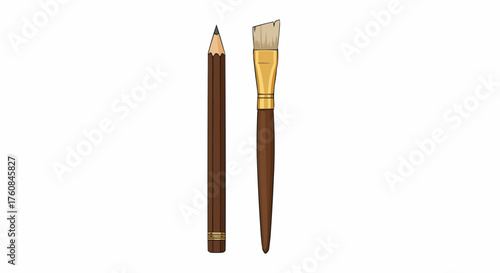 Illustration showing a brown pencil with a sharp tip and a brown paint brush with gold accents