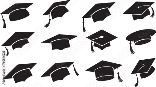 Graduation Hat Icons Set — Black Academic Cap Vector Collection Representing Student Achievement, Education Success, Ceremony, and University Graduation Symbol