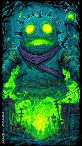 Radioactive Mutant Monster in a Post-Apocalyptic Town, Glowing Green Eyes, Fantasy Illustration, Dark and Mysterious, Cartoon Style, Toxic Wasteland,