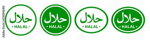 Set of halal logos and icons in round and oval shapes with green color, representing certified food and beverage products. Vector illustration for halal packaging, product labels, restaurant branding.