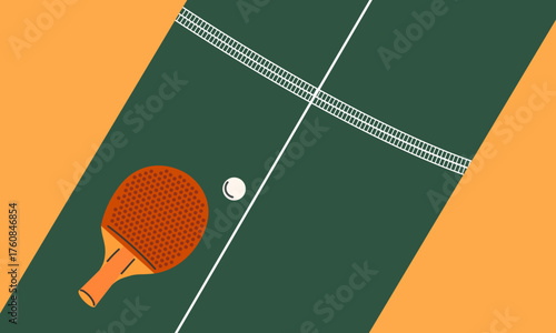 Ping pong poster. Tennis table with racket and ball on it. Top view. Table tennis, ping pong. Sports illustration.