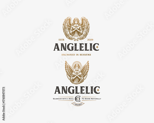 goddess angel praying with a long hair and laurel wreath logo