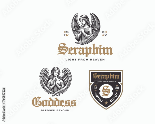 goddess angel praying with a long hair and laurel wreath logo