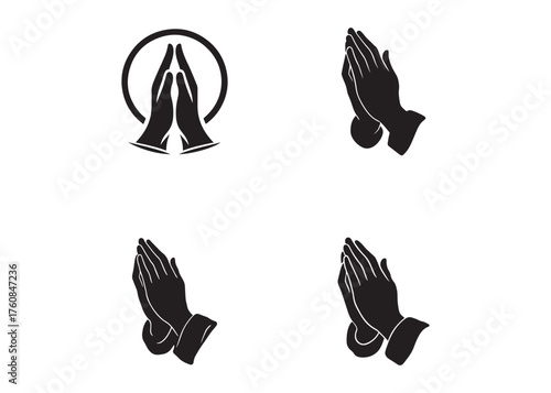 praying hands logo silhouette vector, hand praying logo icon design illustration, black silhouette praying hands logo vector, Religion praying hands logo vector silhouette on white background