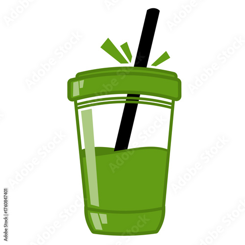 Green smoothie in a plastic cup with a black straw inside. Ideal for promoting healthy eating, smoothie recipes, and environmental consciousness.