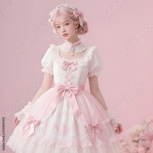 4k high quality Ai generative HD photo realistic background cute kawaii clothes clothing lolita bow ribbon silk dress design maid lace cosplay pink blue white satin pretty human living girl doll