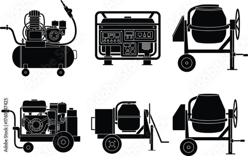 Construction equipment silhouette set, air compressor, generator, concrete mixer, industrial machinery tools, flat vector illustration