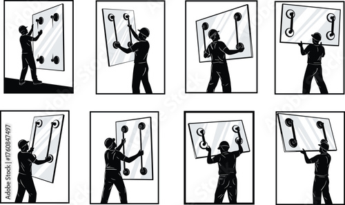 Construction worker lifting glass panels with suction cup lifters, installation process safety illustration, flat vector design